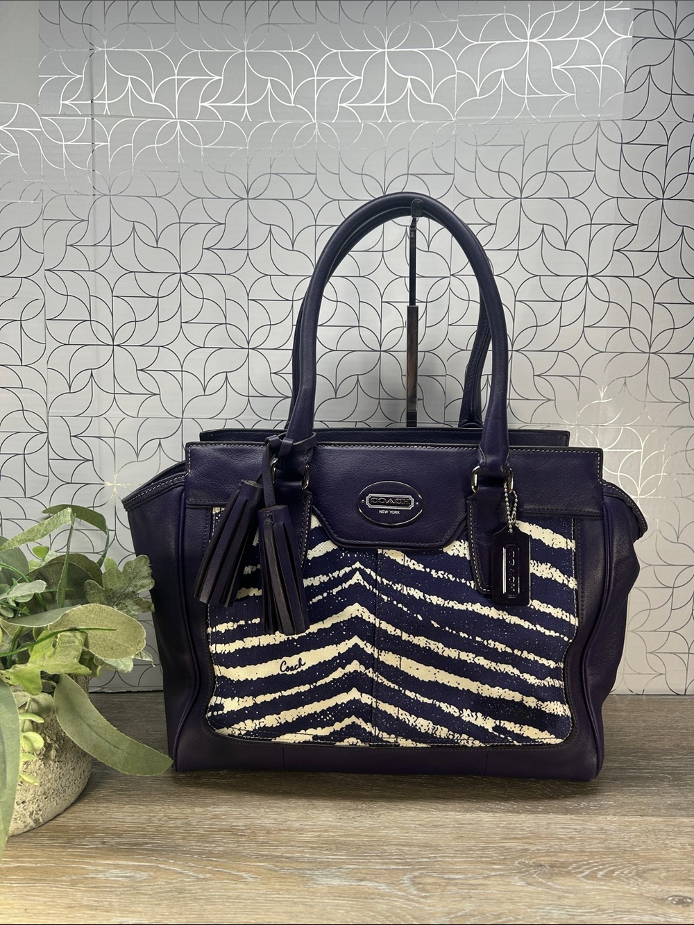 Coach Navy Blue and White Zebra Print Leather Satchel
